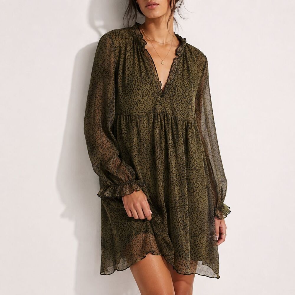 Zara Olive Green Black Dot Chiffon Babydoll Dress Sheer Ruffle Sleeve Mini Small